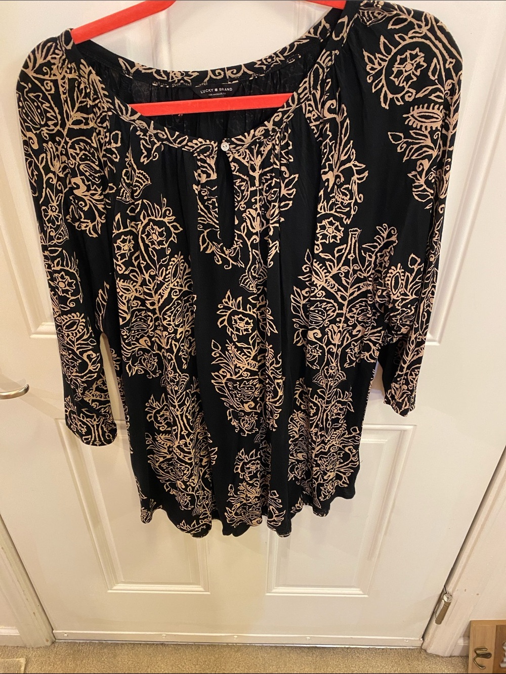Lucky Brand Black Top with Cream Paisley Motif